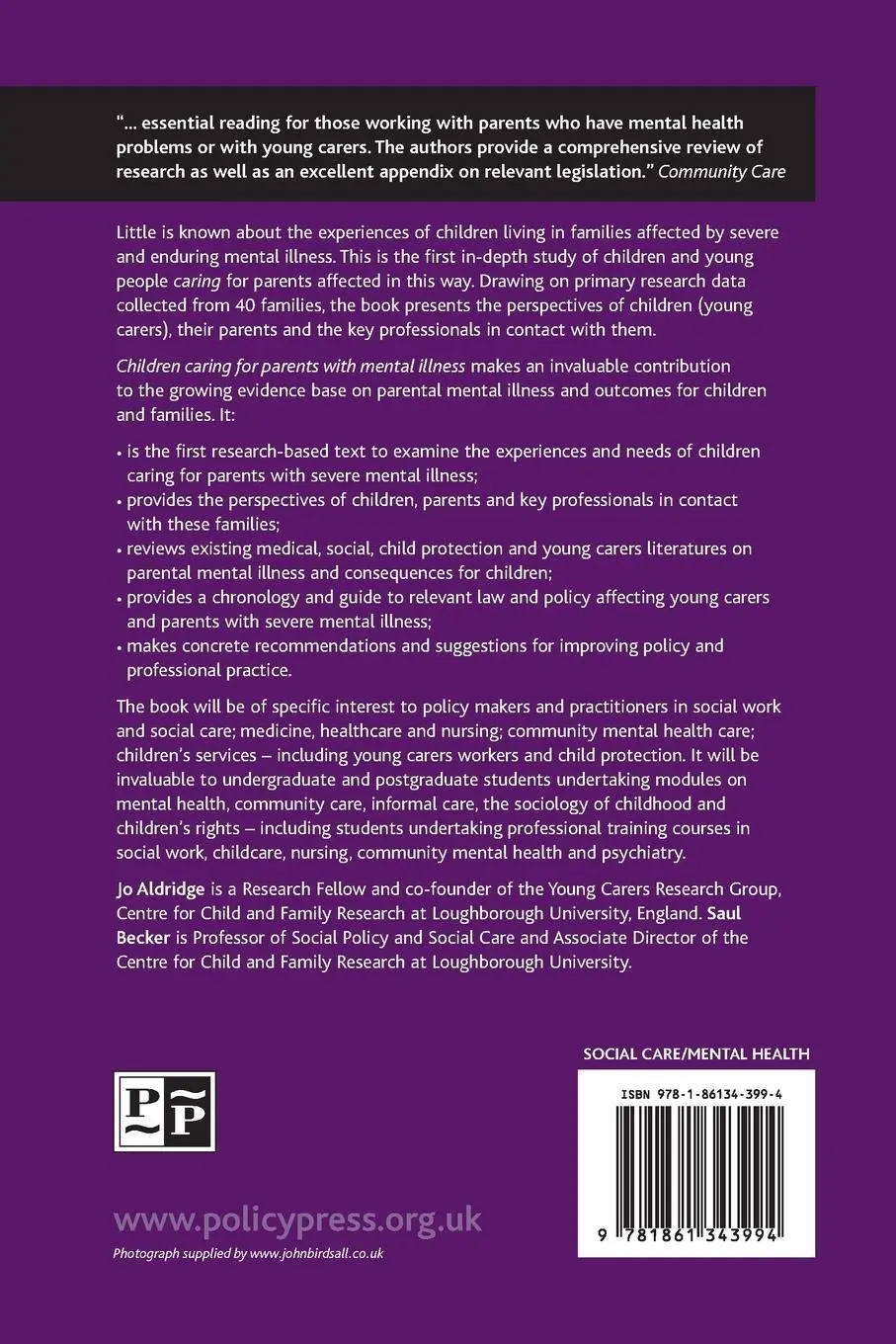 Rückseite: 9781861343994 | Children caring for parents with mental illness | Jo Aldridge (u. a.)