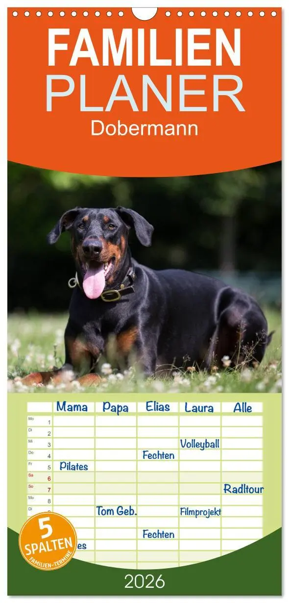Cover: 9783516514094 | Familienplaner 2026 - Dobermann mit 5 Spalten (Wandkalender, 21 x...