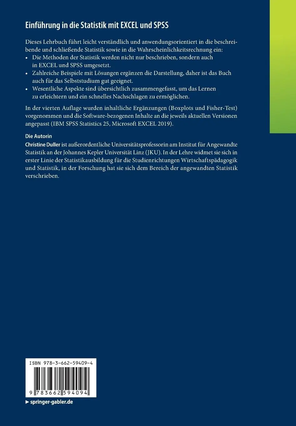 Rückseite: 9783662594094 | Einführung in die Statistik mit EXCEL und SPSS | Christine Duller