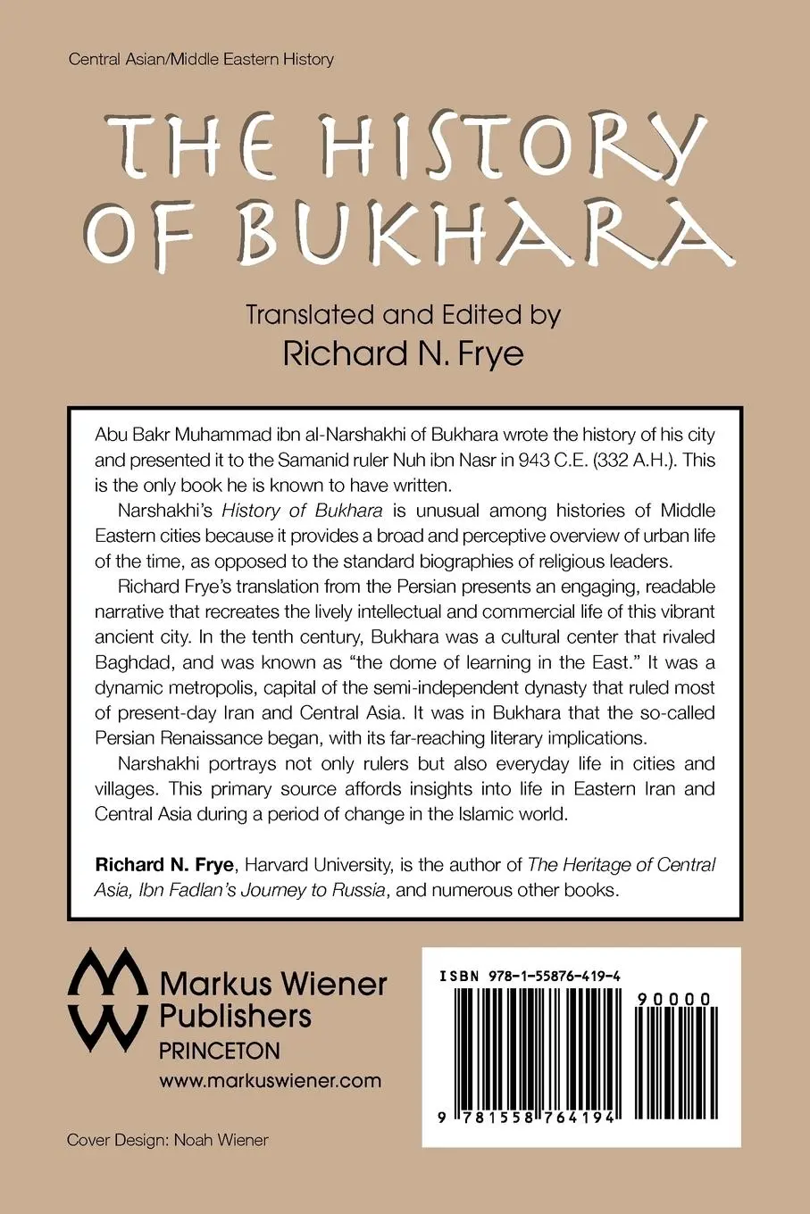Rückseite: 9781558764194 | The History of Bukhara | Abu Bakr Muhammad Narshakhi | Taschenbuch