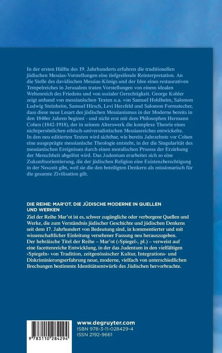 Rückseite: 9783110284294 | Der jüdische Messianismus im Zeitalter der Emanzipation | Kohler | XII