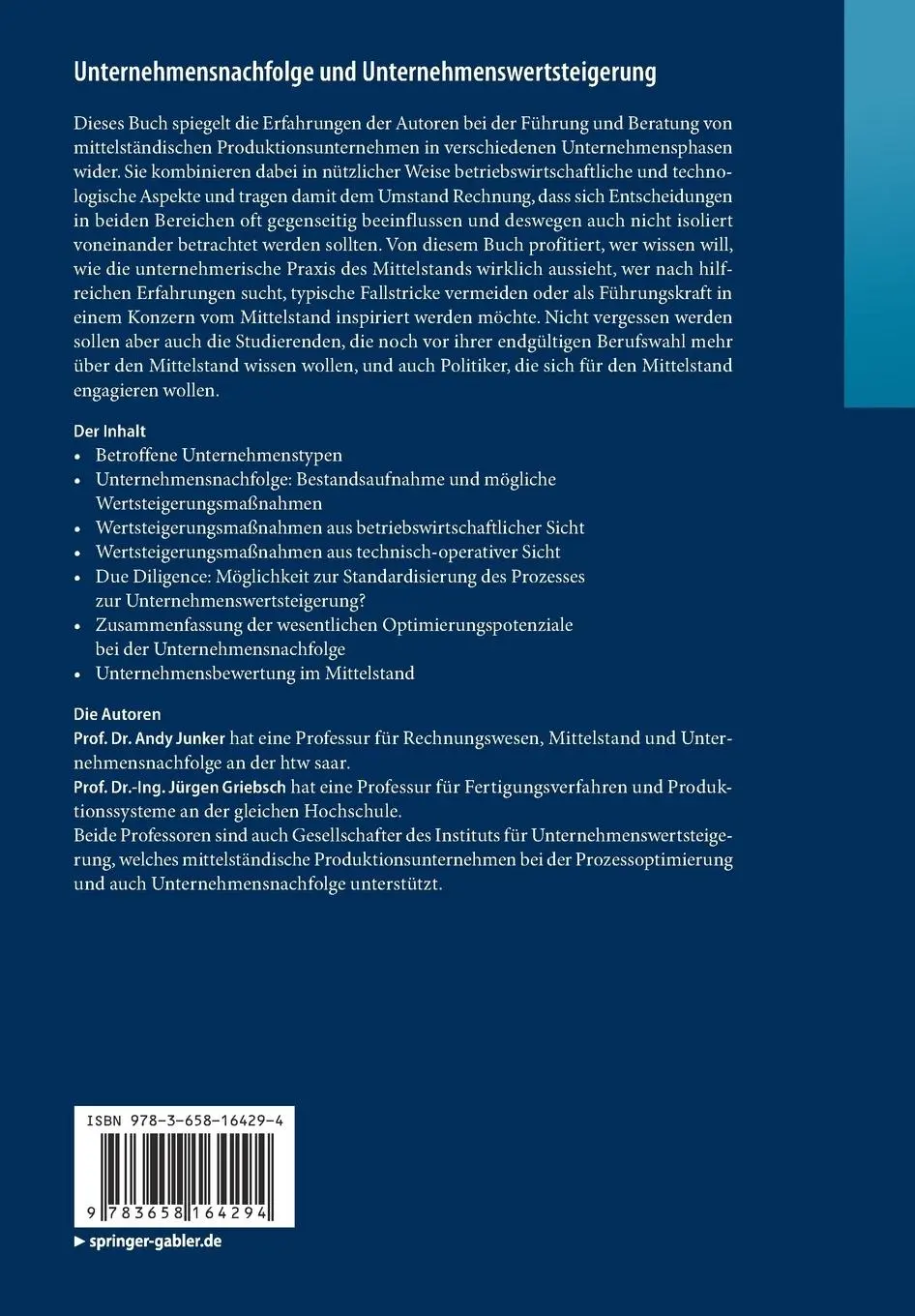 Rückseite: 9783658164294 | Unternehmensnachfolge und Unternehmenswertsteigerung | Taschenbuch
