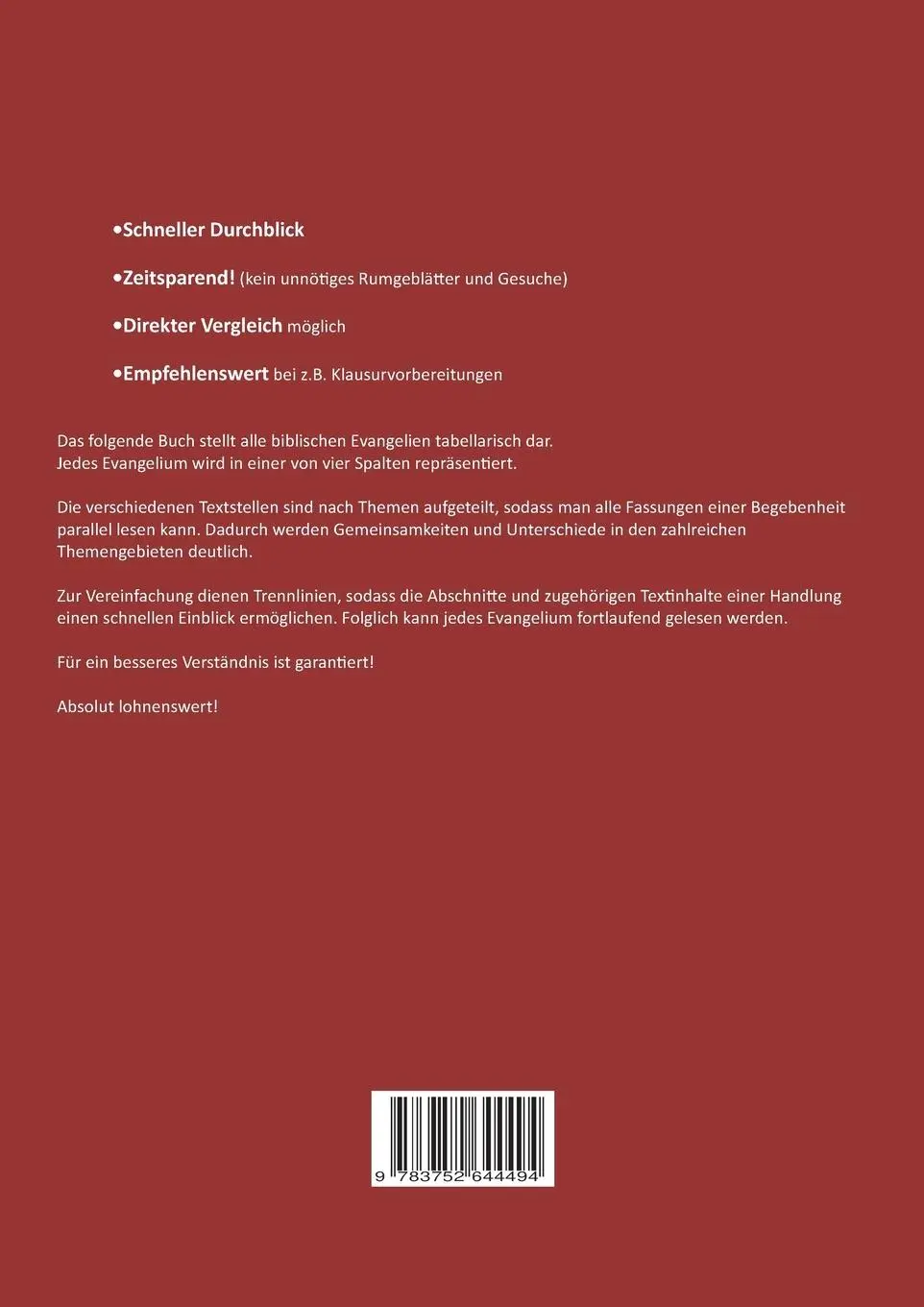 Rückseite: 9783752644494 | Die vier Evangelien auf einen Blick | Schlachter 2000 | Reimer | Buch
