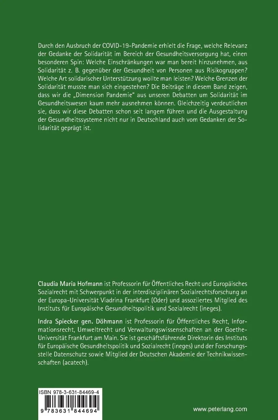 Rückseite: 9783631844694 | Solidarität im Gesundheitswesen | Claudia Maria Hofmann (u. a.) | Buch Rückseite: 9783631844694 | Solidarität im Gesundheitswesen | Claudia Maria Hofmann (u. a.) | Buch