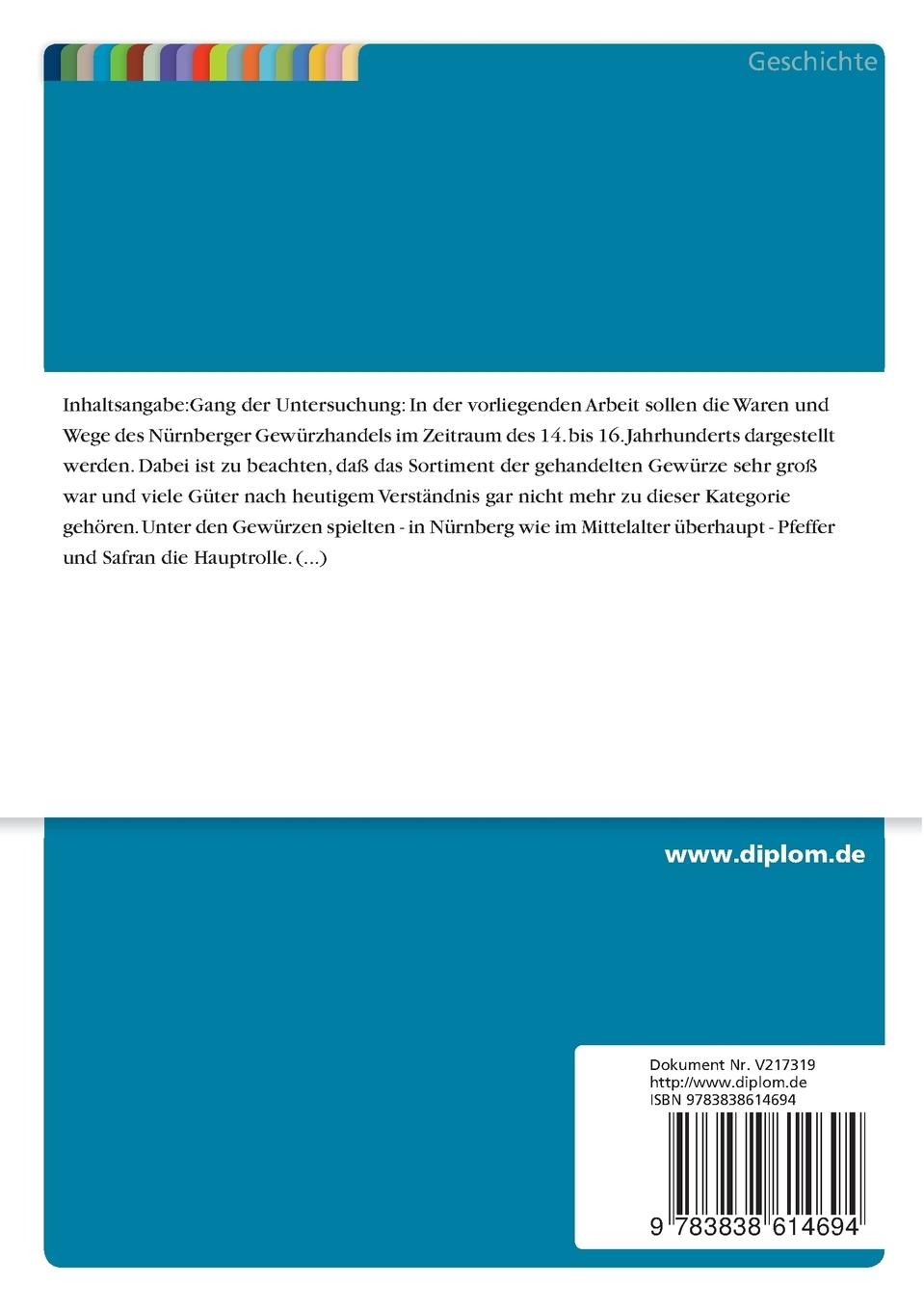 Rückseite: 9783838614694 | Der Gewürzhandel im Nürnberg des 14. - 16. Jahrhunderts | Nils Hack