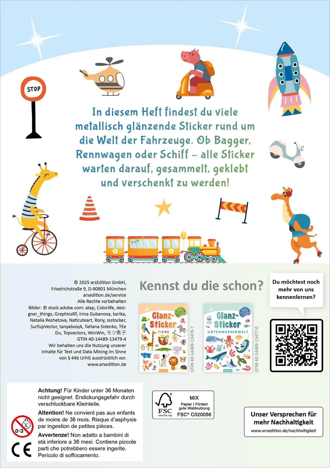 Rückseite: 4014489134794 | Glanz-Sticker Fahrzeuge | Über 200 schillernde Sticker | 16 S. | 2025
