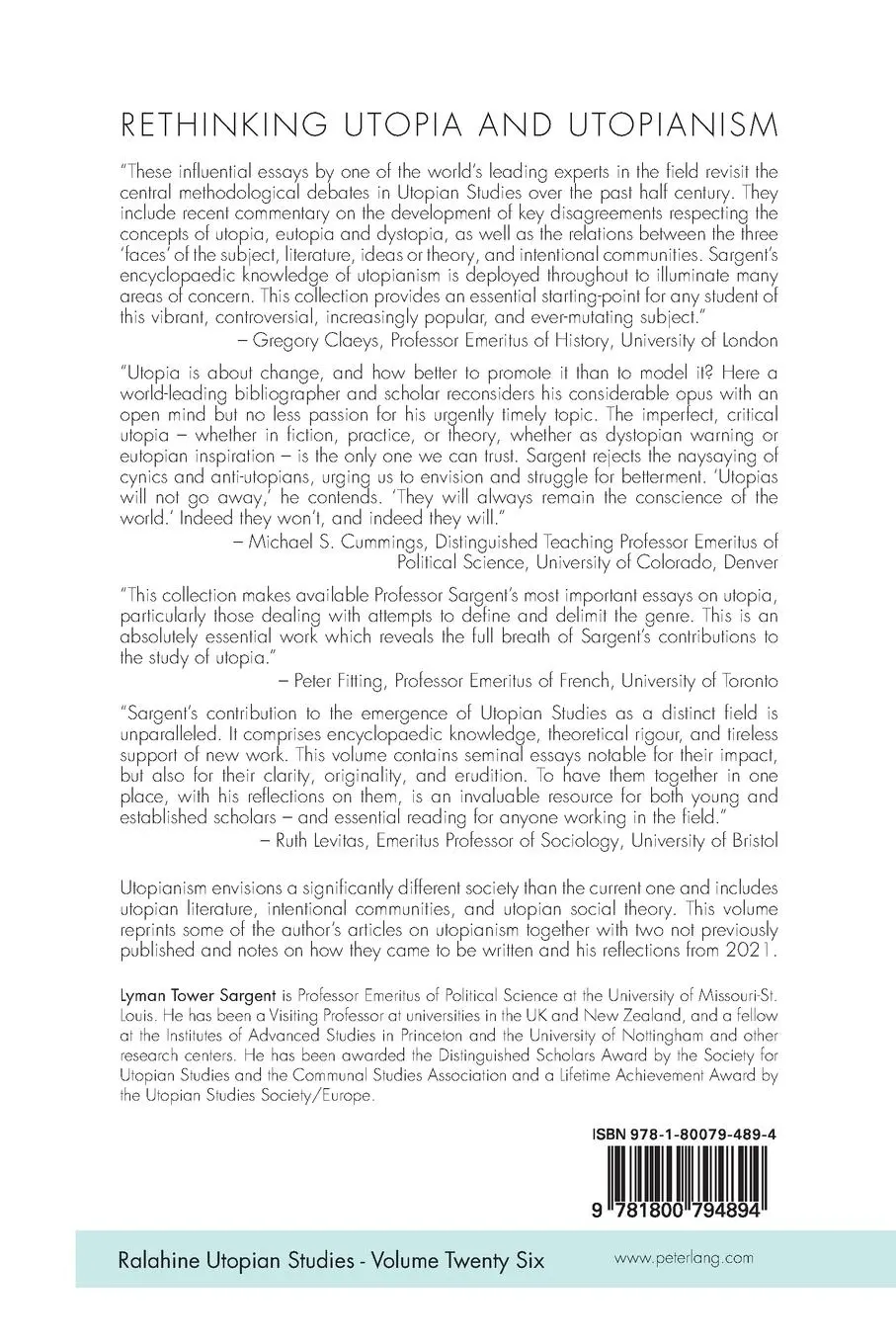 Rückseite: 9781800794894 | Rethinking Utopia and Utopianism | Lyman Tower Sargent | Taschenbuch
