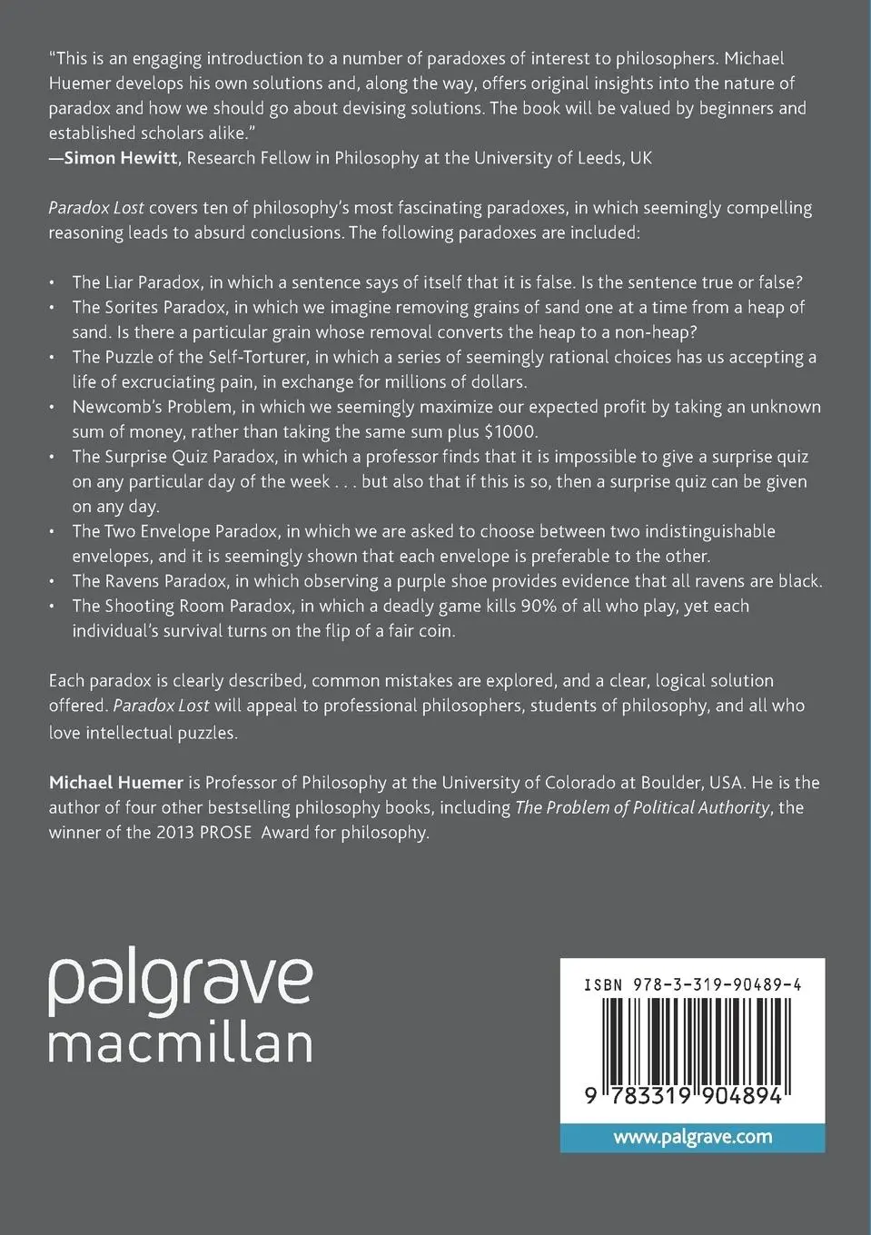 Rückseite: 9783319904894 | Paradox Lost | Logical Solutions to Ten Puzzles of Philosophy | Huemer