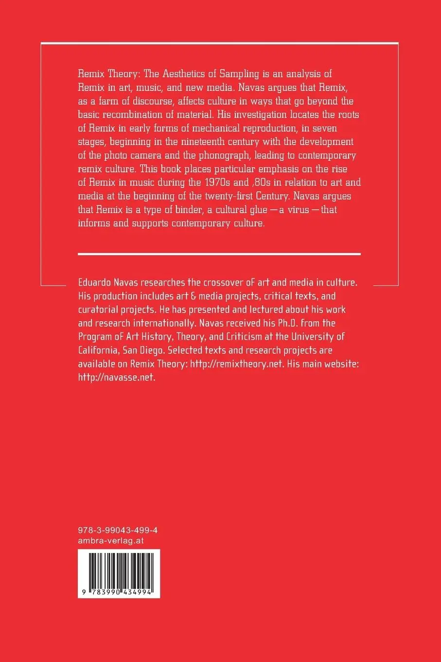 Rückseite: 9783990434994 | Remix Theory: The Aesthetics of Sampling | Eduardo Navas | Taschenbuch