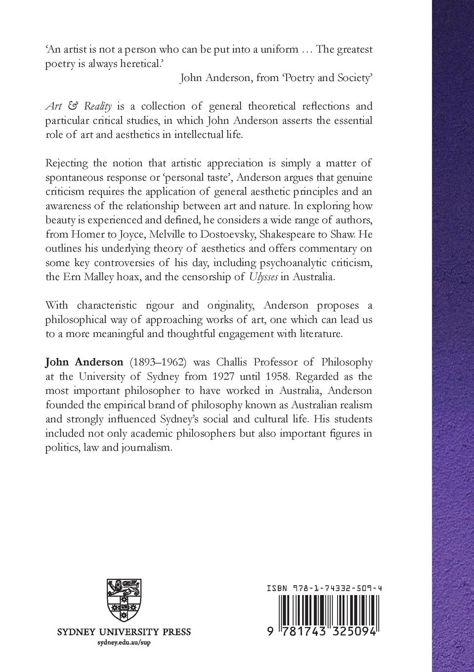 Rückseite: 9781743325094 | Art and Reality | John Anderson on Literature and Aesthetics | Buch