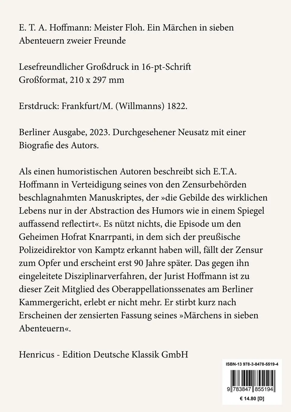 Rückseite: 9783847855194 | Meister Floh (Großdruck) | E. T. A. Hoffmann | Taschenbuch | Paperback