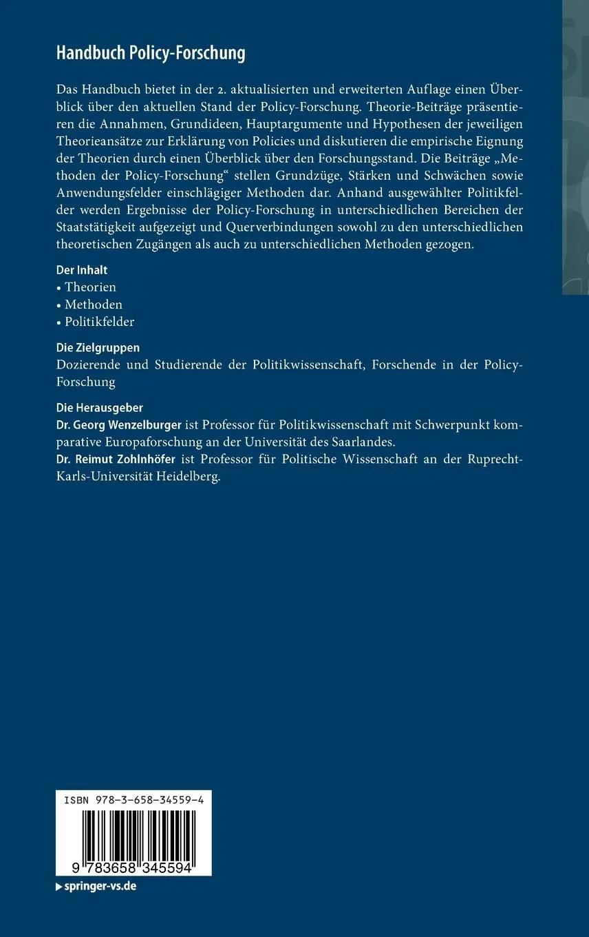 Rückseite: 9783658345594 | Handbuch Policy-Forschung | Reimut Zohlnhöfer (u. a.) | Buch | XVII