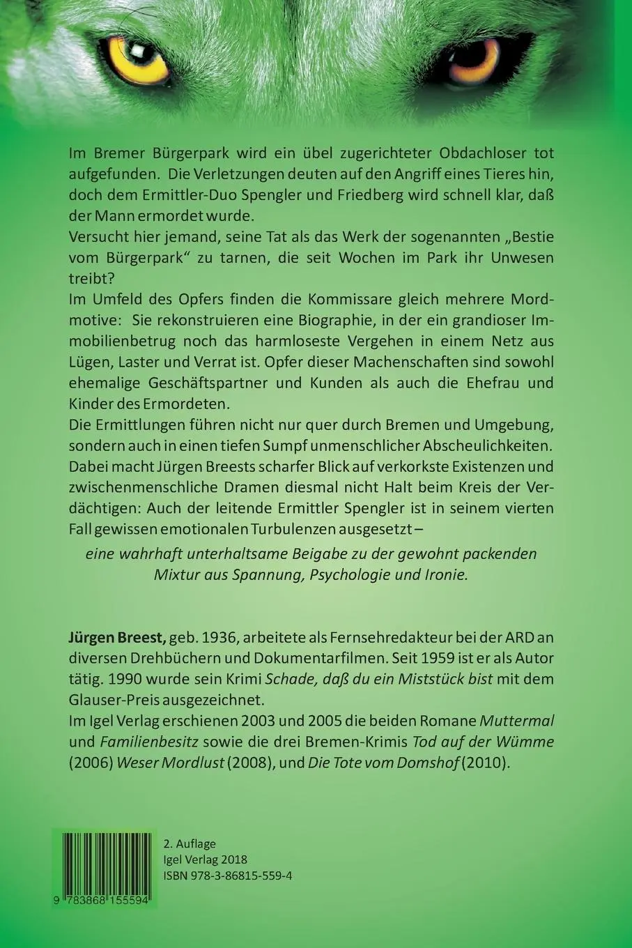 Rückseite: 9783868155594 | Die Bestie vom Bürgerpark | Bremen-Krimi | Jürgen Breest | Taschenbuch