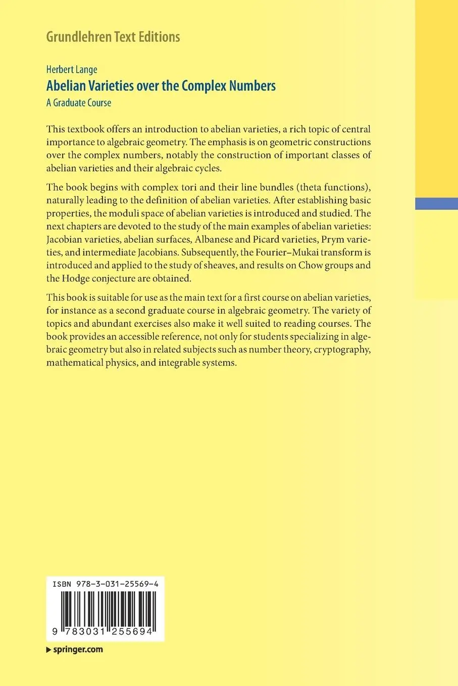 Rückseite: 9783031255694 | Abelian Varieties over the Complex Numbers | A Graduate Course | Lange