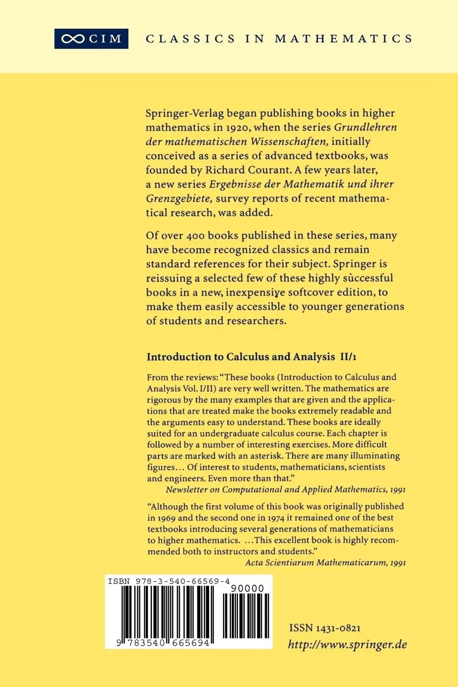 Rückseite: 9783540665694 | Introduction to Calculus and Analysis II/1 | Fritz John (u. a.) | Buch
