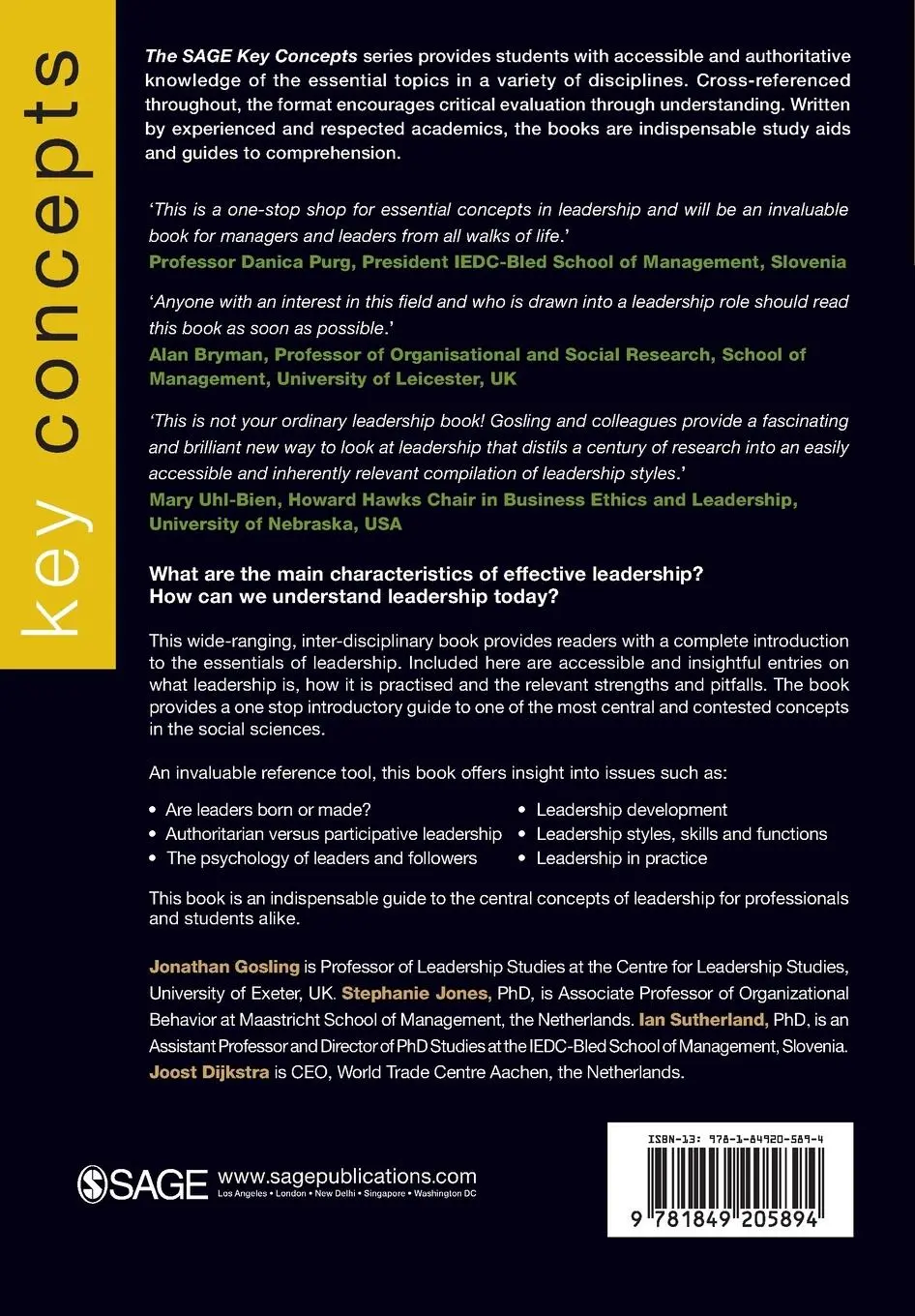Rückseite: 9781849205894 | Key Concepts in Leadership | Jonathan Gosling (u. a.) | Taschenbuch