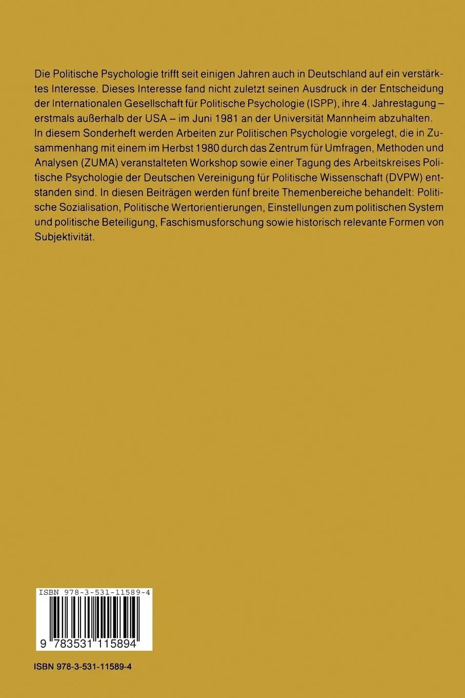 Rückseite: 9783531115894 | Politische Psychologie | Max Kaase | Taschenbuch | 472 S. | Deutsch