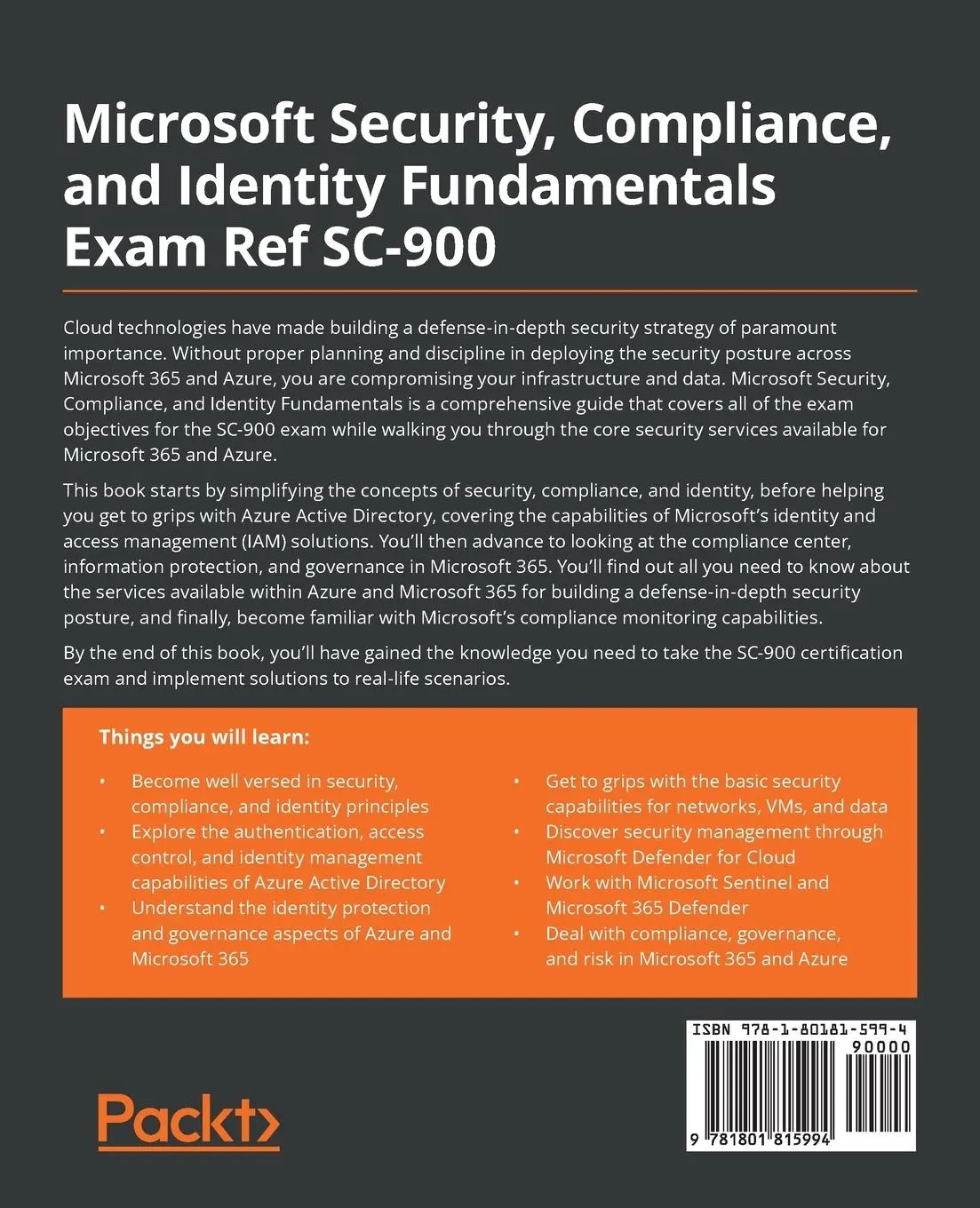 Rückseite: 9781801815994 | Microsoft Security, Compliance, and Identity Fundamentals Exam Ref...