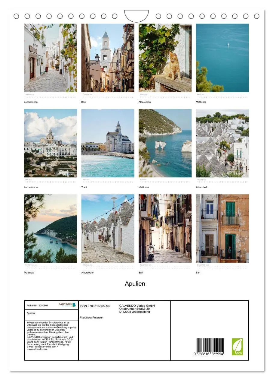 Bild: 9783516355994 | Apulien (Wandkalender 2026 DIN A4 hoch), CALVENDO Monatskalender