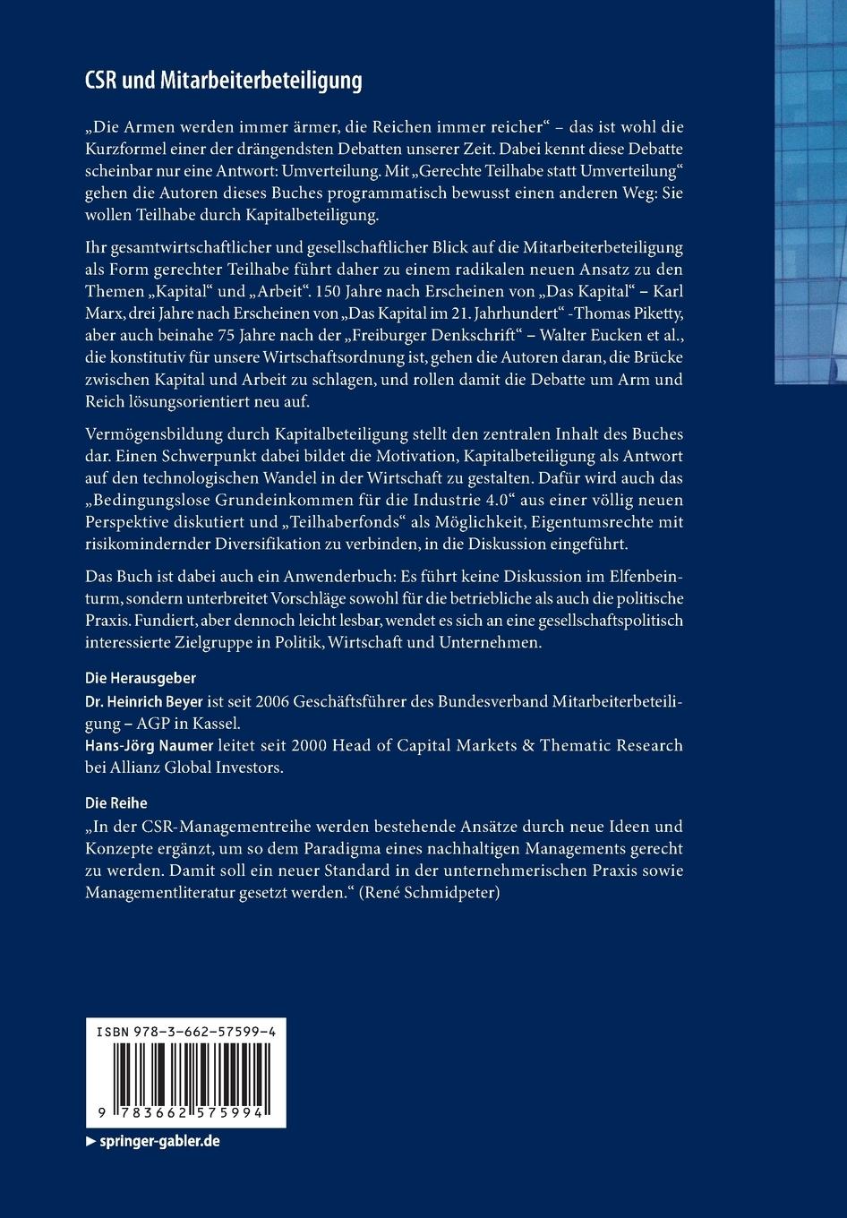 Rückseite: 9783662575994 | CSR und Mitarbeiterbeteiligung | Hans-Jörg Naumer (u. a.) | Buch