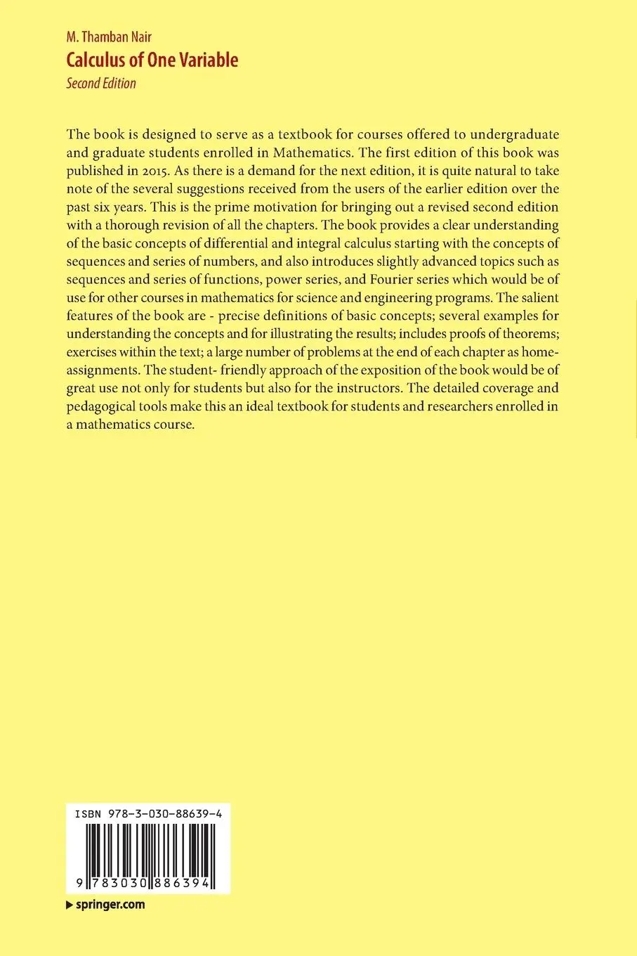 Rückseite: 9783030886394 | Calculus of One Variable | M. Thamban Nair | Taschenbuch | xix | 2023