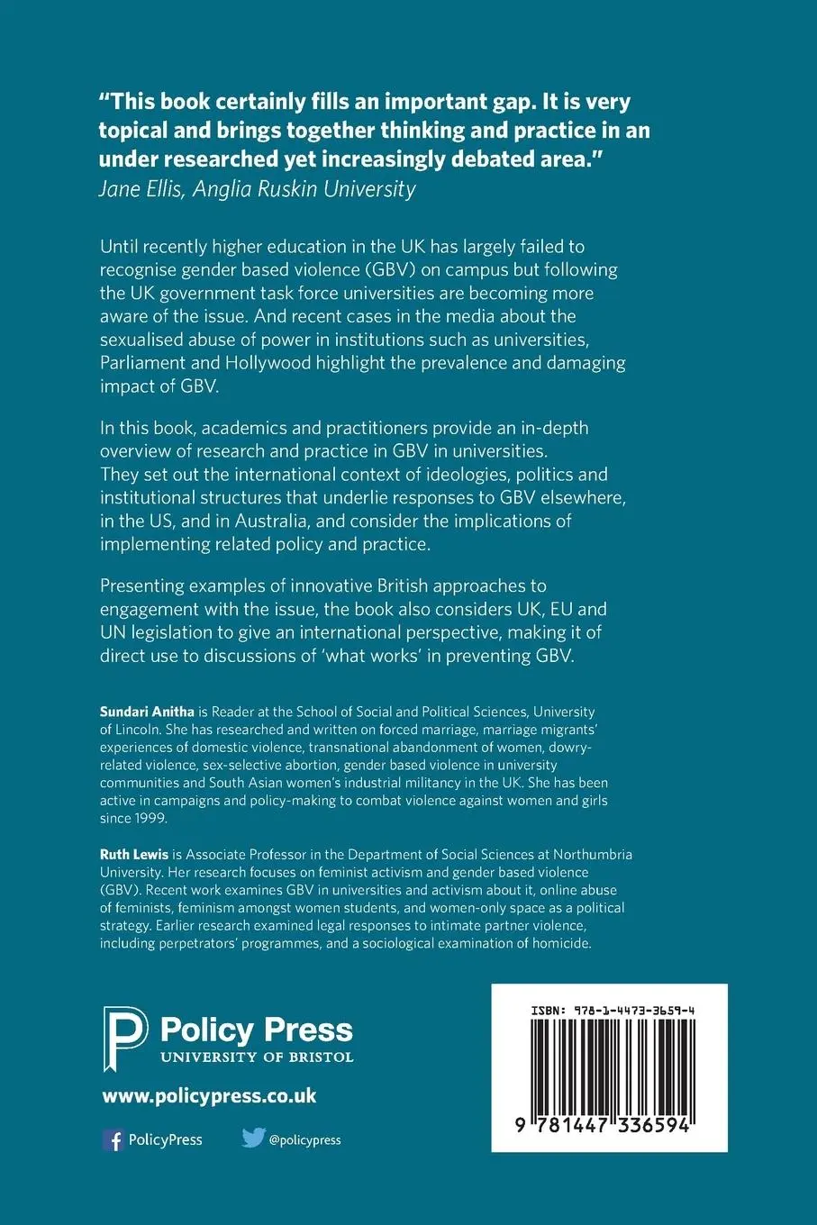 Rückseite: 9781447336594 | Gender based violence in university communities | Anitha (u. a.)