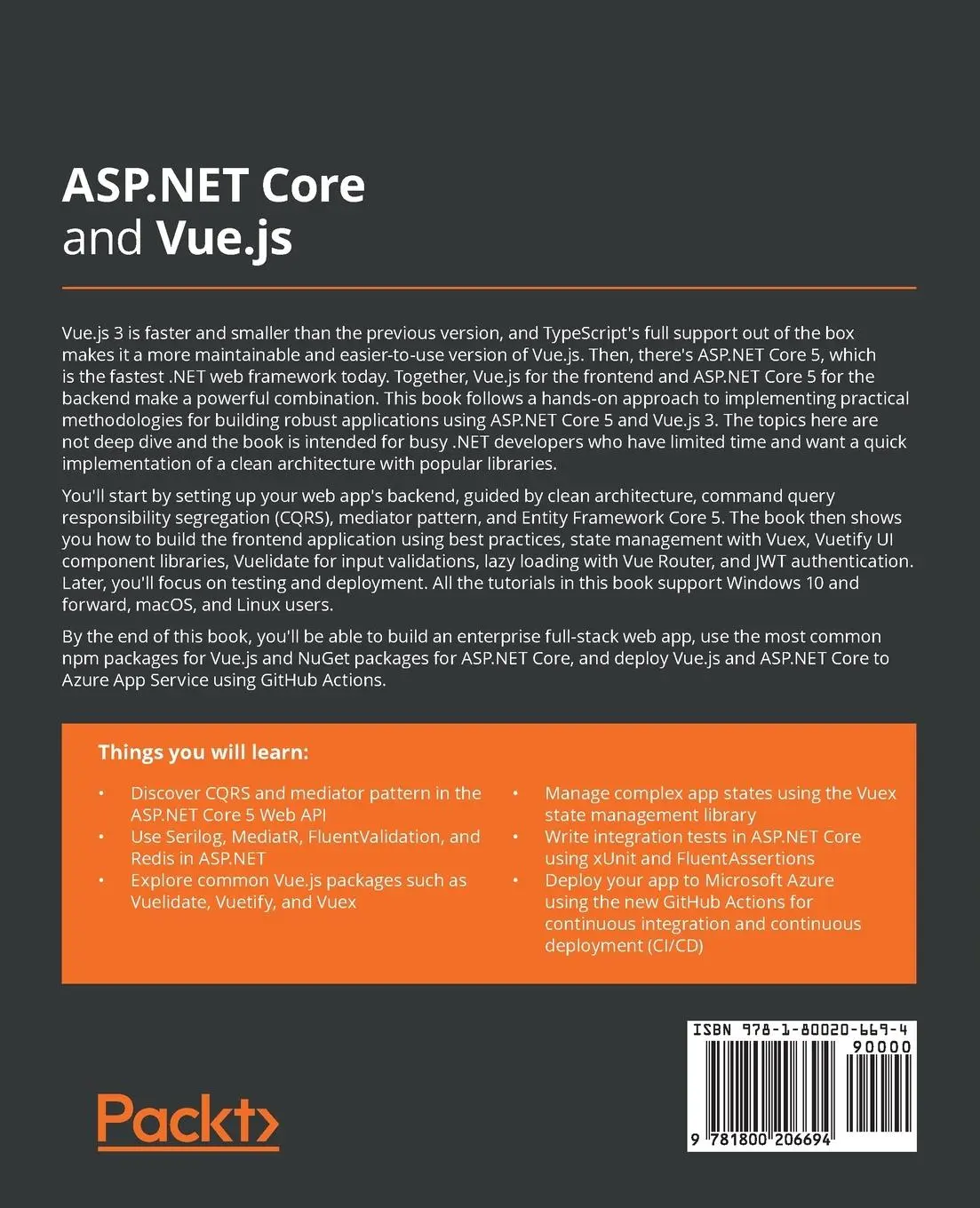 Rückseite: 9781800206694 | ASP.NET Core and Vue.js | Devlin Basilan Duldulao | Taschenbuch | 2021