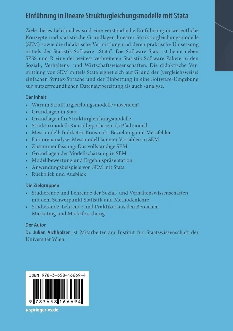 Rückseite: 9783658166694 | Einführung in lineare Strukturgleichungsmodelle mit Stata | Aichholzer