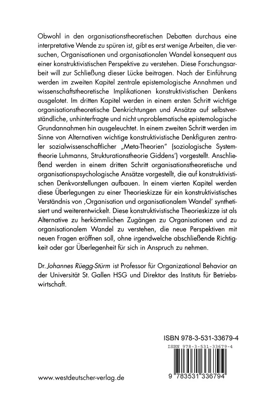 Rückseite: 9783531336794 | Organisation und organisationaler Wandel | Johannes Rüegg-Stürm | Buch