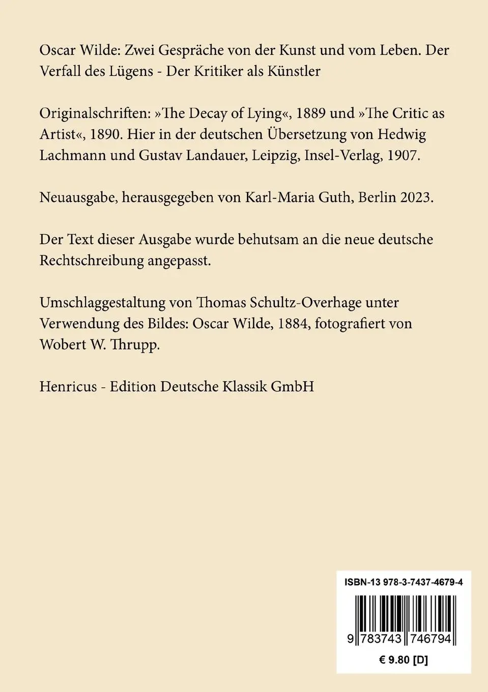 Rückseite: 9783743746794 | Zwei Gespräche von der Kunst und vom Leben | Oscar Wilde | Taschenbuch