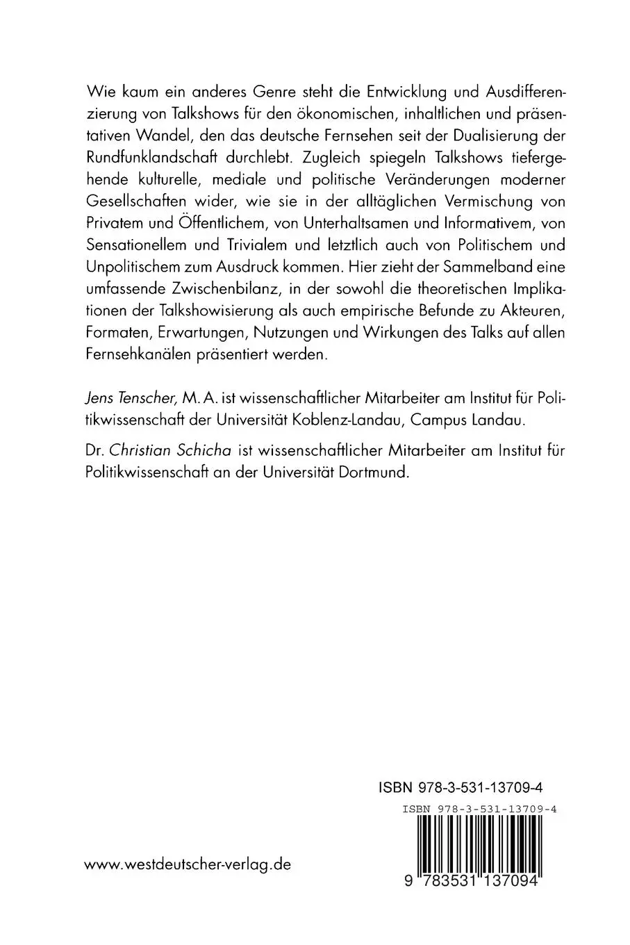 Rückseite: 9783531137094 | Talk auf allen Kanälen | Christian Schicha (u. a.) | Taschenbuch