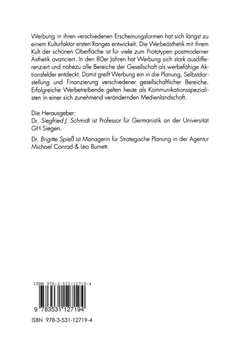 Rückseite: 9783531127194 | Werbung, Medien und Kultur | Brigitte Spieß (u. a.) | Taschenbuch