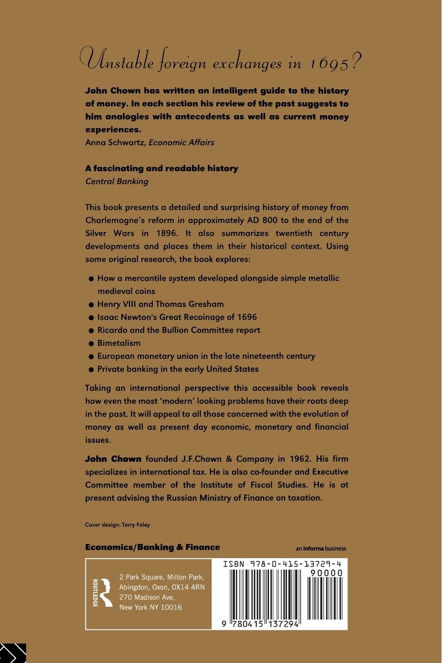 Rückseite: 9780415137294 | A History of Money | From AD 800 | John F Chown | Taschenbuch | 1996