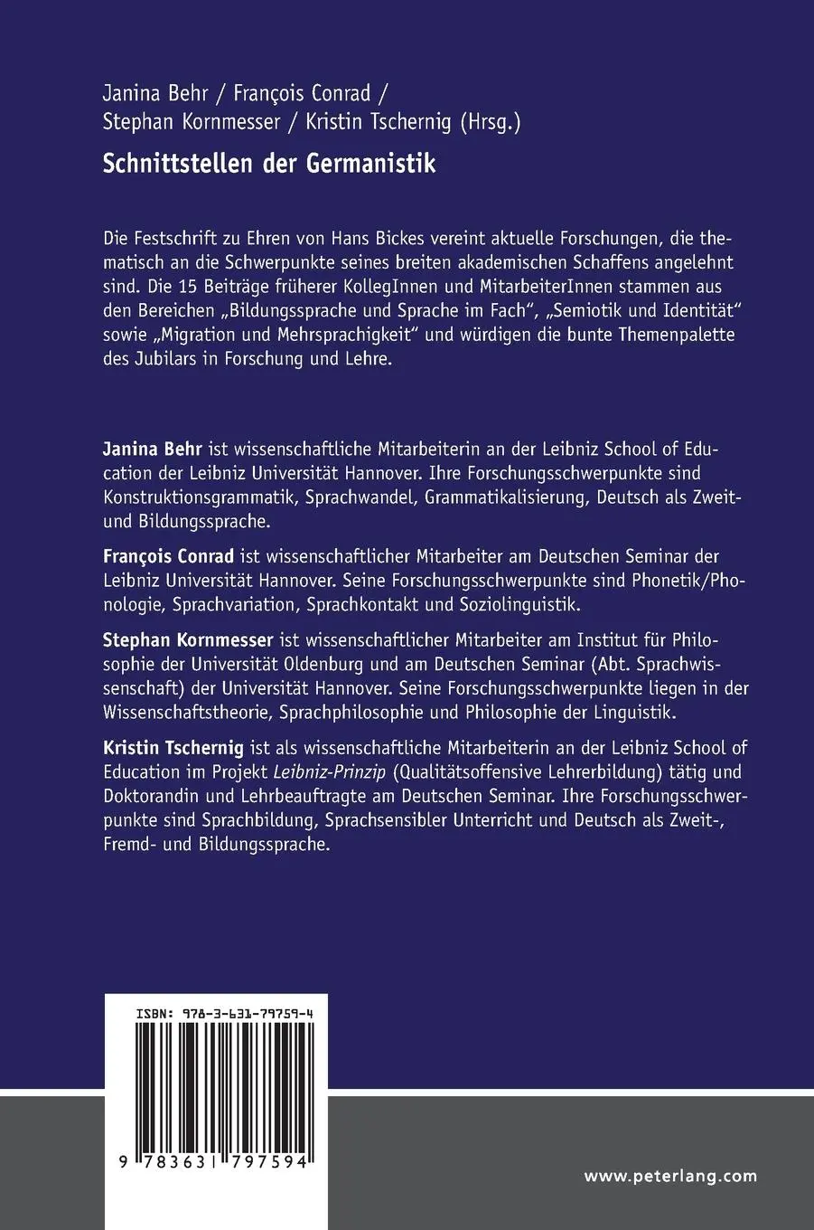 Rückseite: 9783631797594 | Schnittstellen der Germanistik | Festschrift für Hans Bickes | Buch
