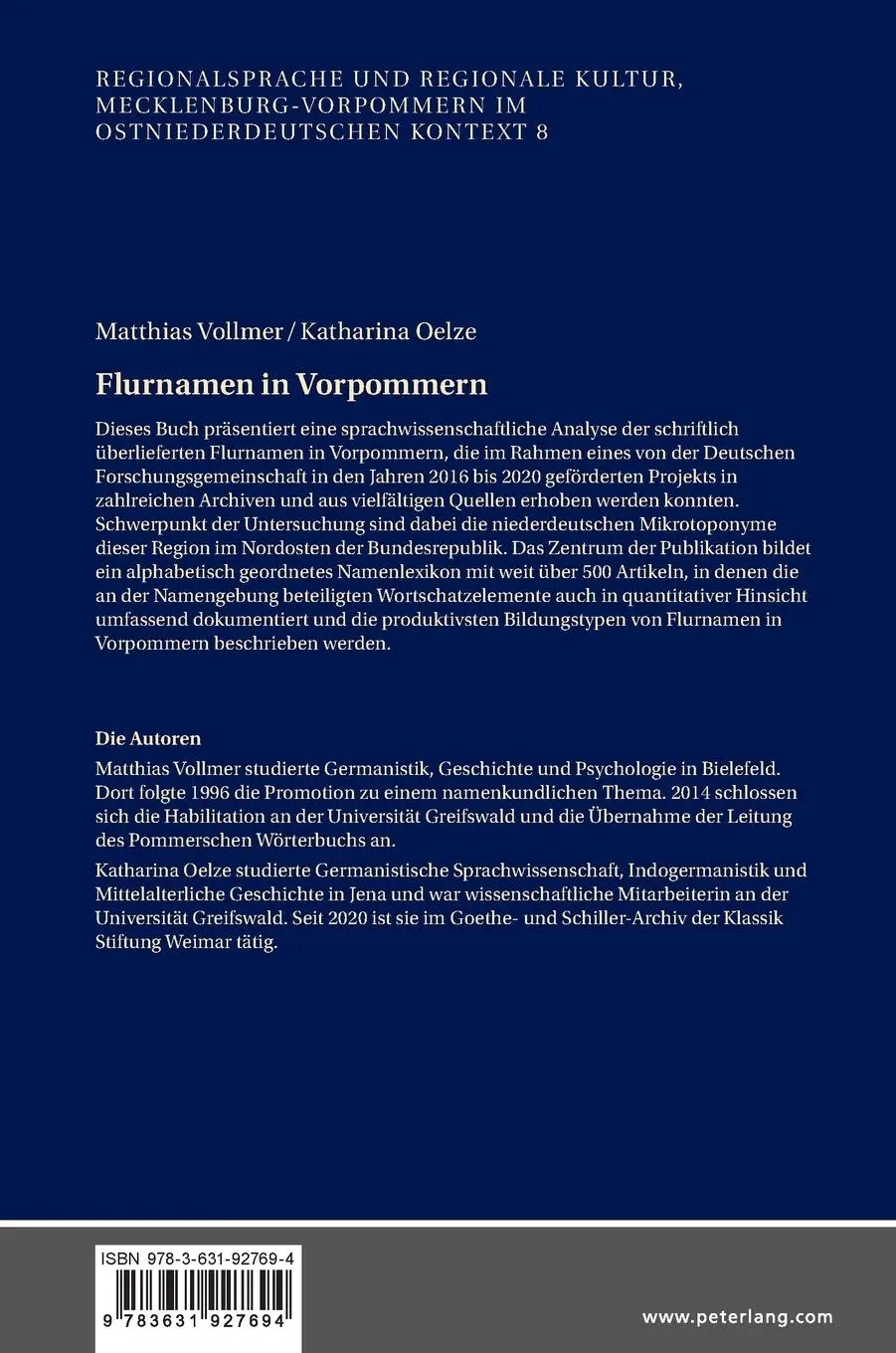 Rückseite: 9783631927694 | Flurnamen in Vorpommern | Ein Namenlexikon | Matthias Vollmer (u. a.)