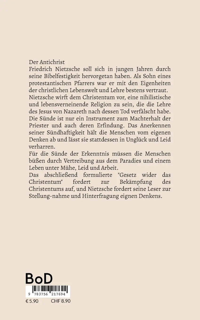 Rückseite: 9783756217694 | Der Antichrist | Friedrich Nietzsche | Taschenbuch | Paperback | 80 S.