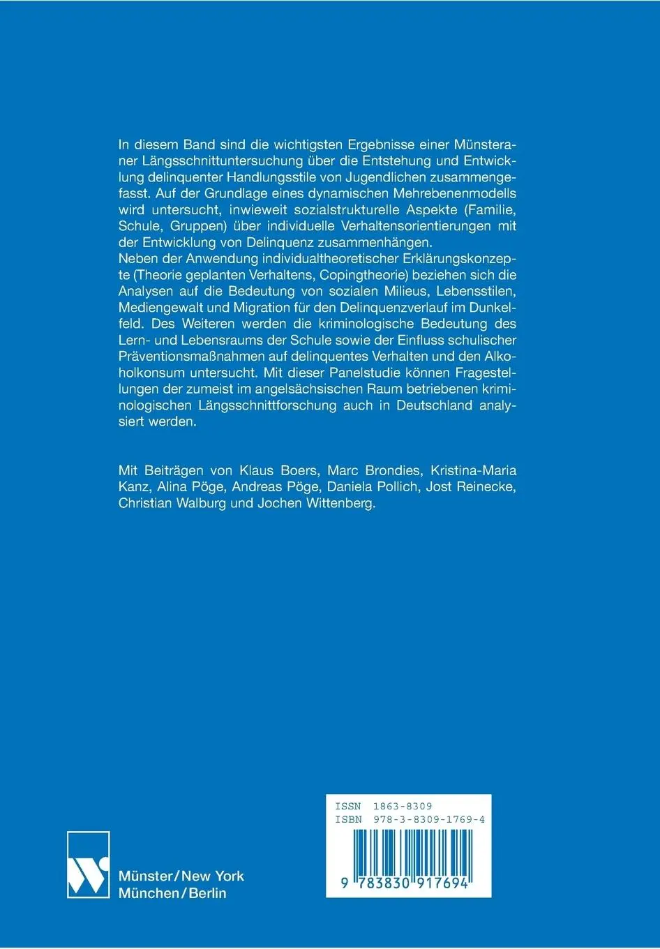 Rückseite: 9783830917694 | Delinquenz im Jugendalter | Klaus Boers (u. a.) | Taschenbuch | 416 S.