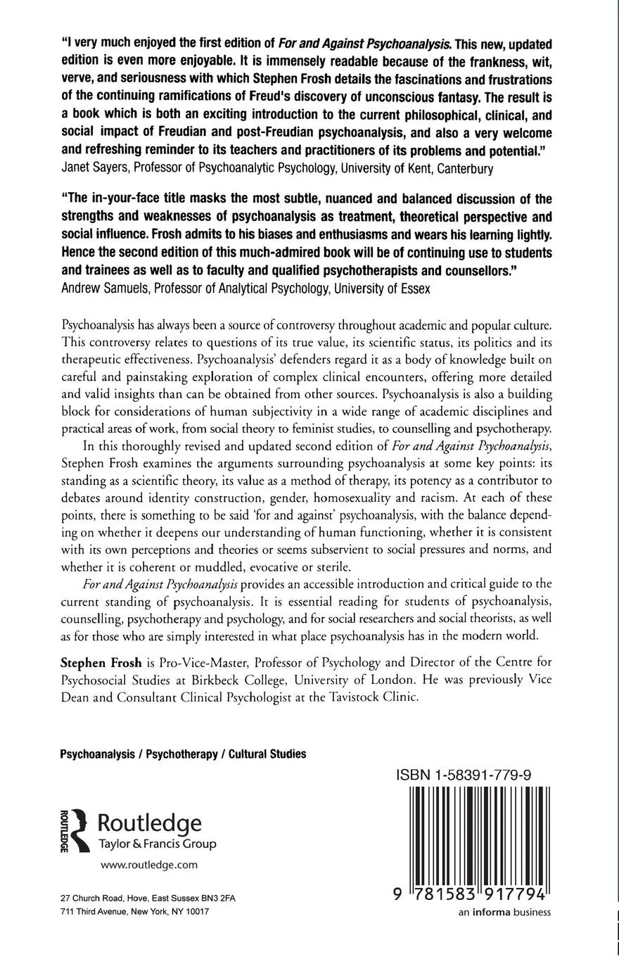 Rückseite: 9781583917794 | For and Against Psychoanalysis | Stephen Frosh | Taschenbuch | 2006