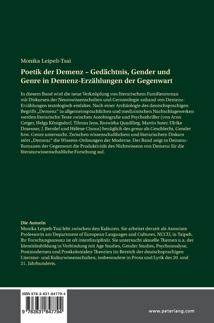 Rückseite: 9783631847794 | Poetik der Demenz ¿ Gedächtnis, Gender und Genre in...