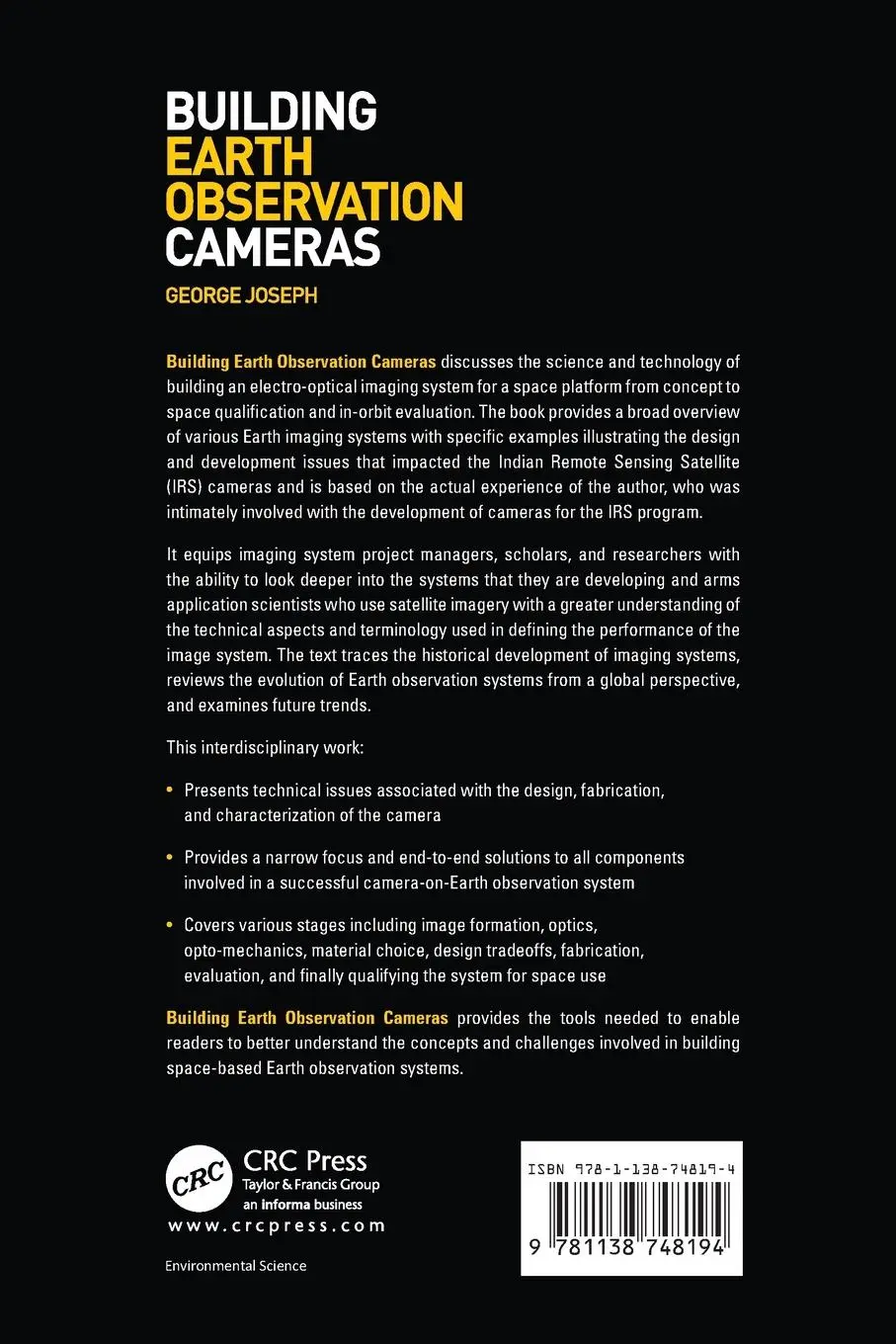 Rückseite: 9781138748194 | Building Earth Observation Cameras | George Joseph | Taschenbuch