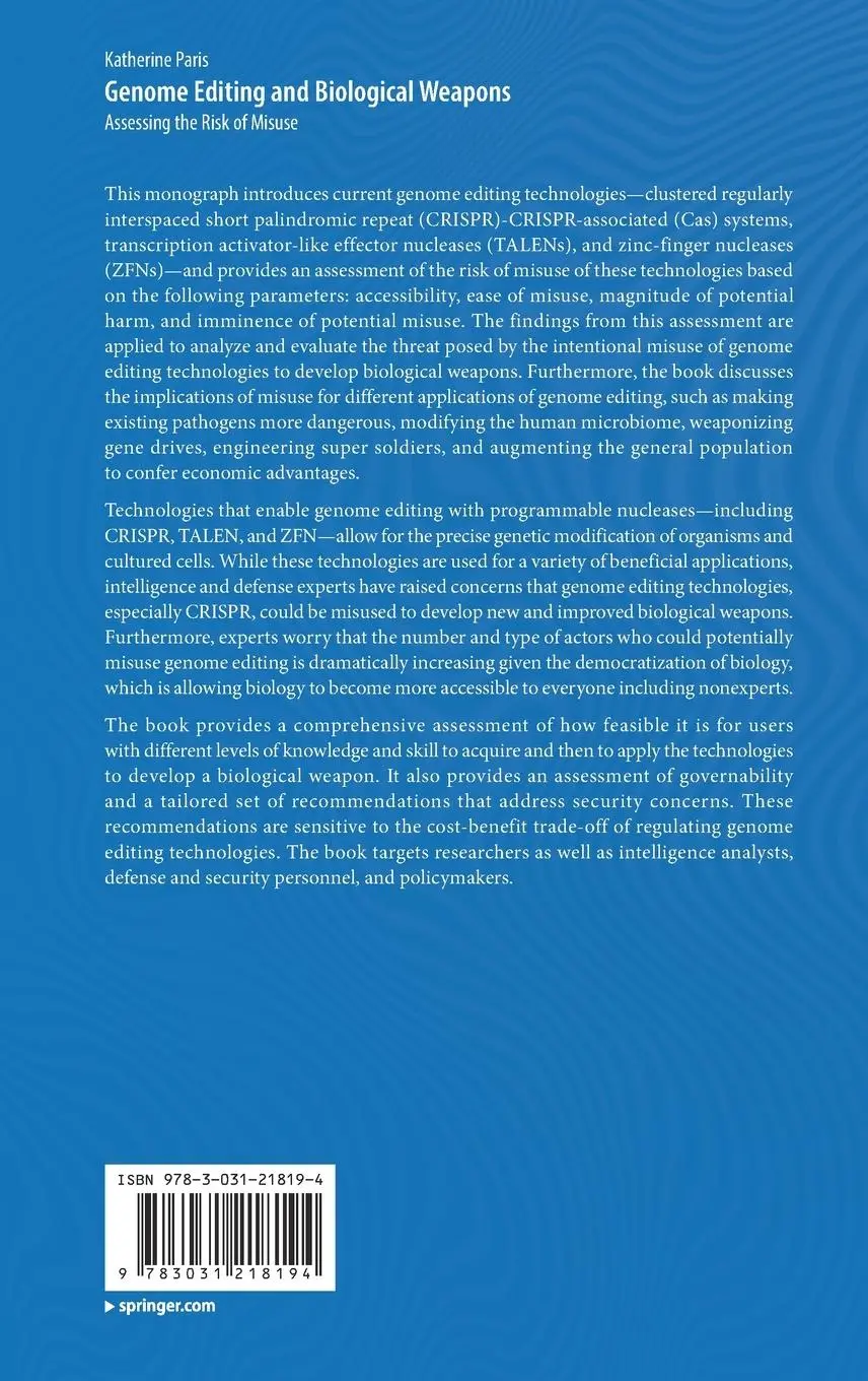 Rückseite: 9783031218194 | Genome Editing and Biological Weapons | Assessing the Risk of Misuse