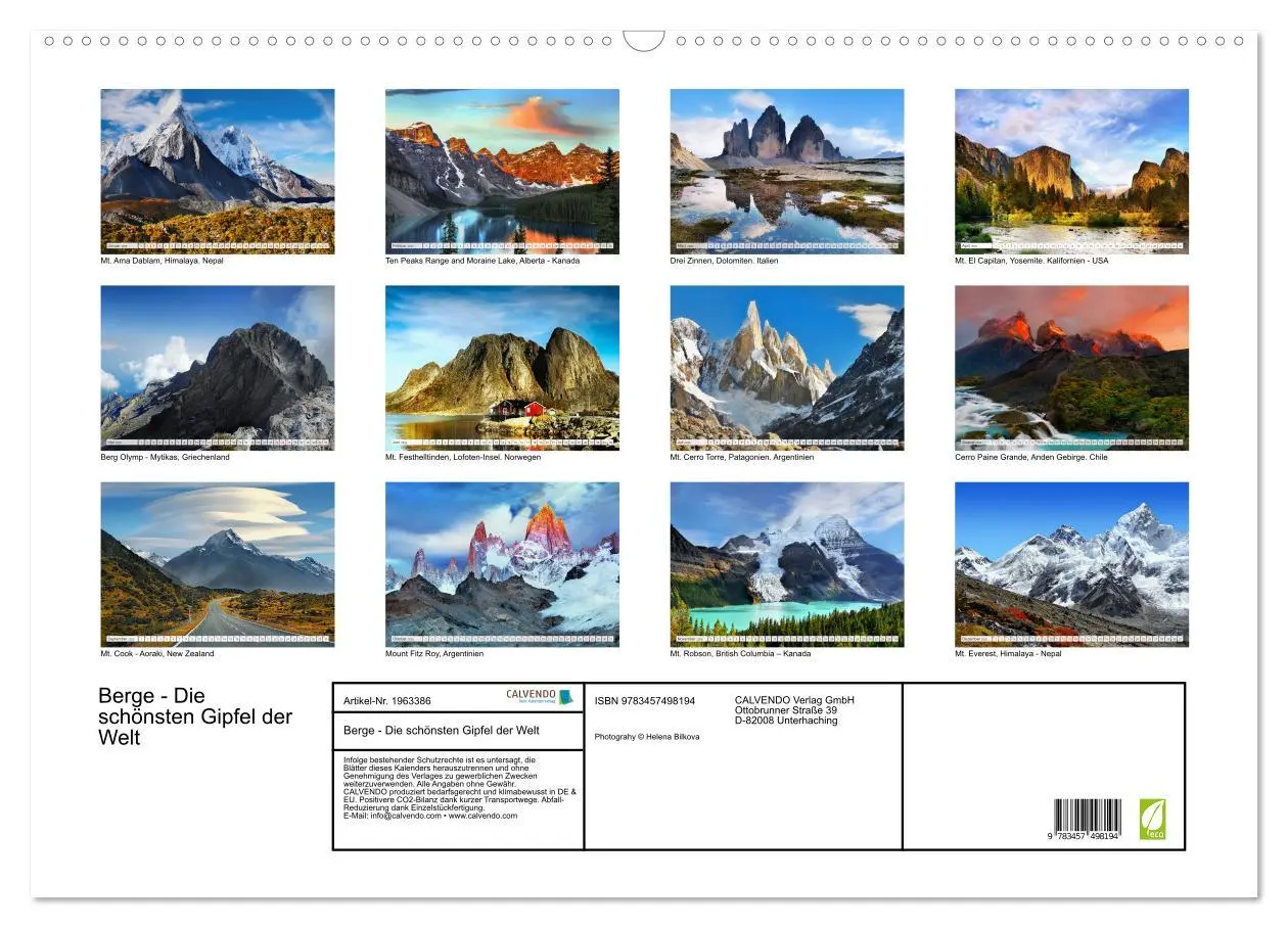 Bild: 9783457498194 | Berge - Die schönsten Gipfel der Welt (Wandkalender 2026 DIN A2...