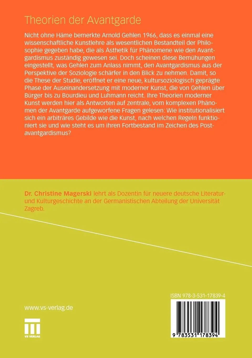 Rückseite: 9783531178394 | Theorien der Avantgarde | Gehlen - Bürger - Bourdieu - Luhmann | Buch