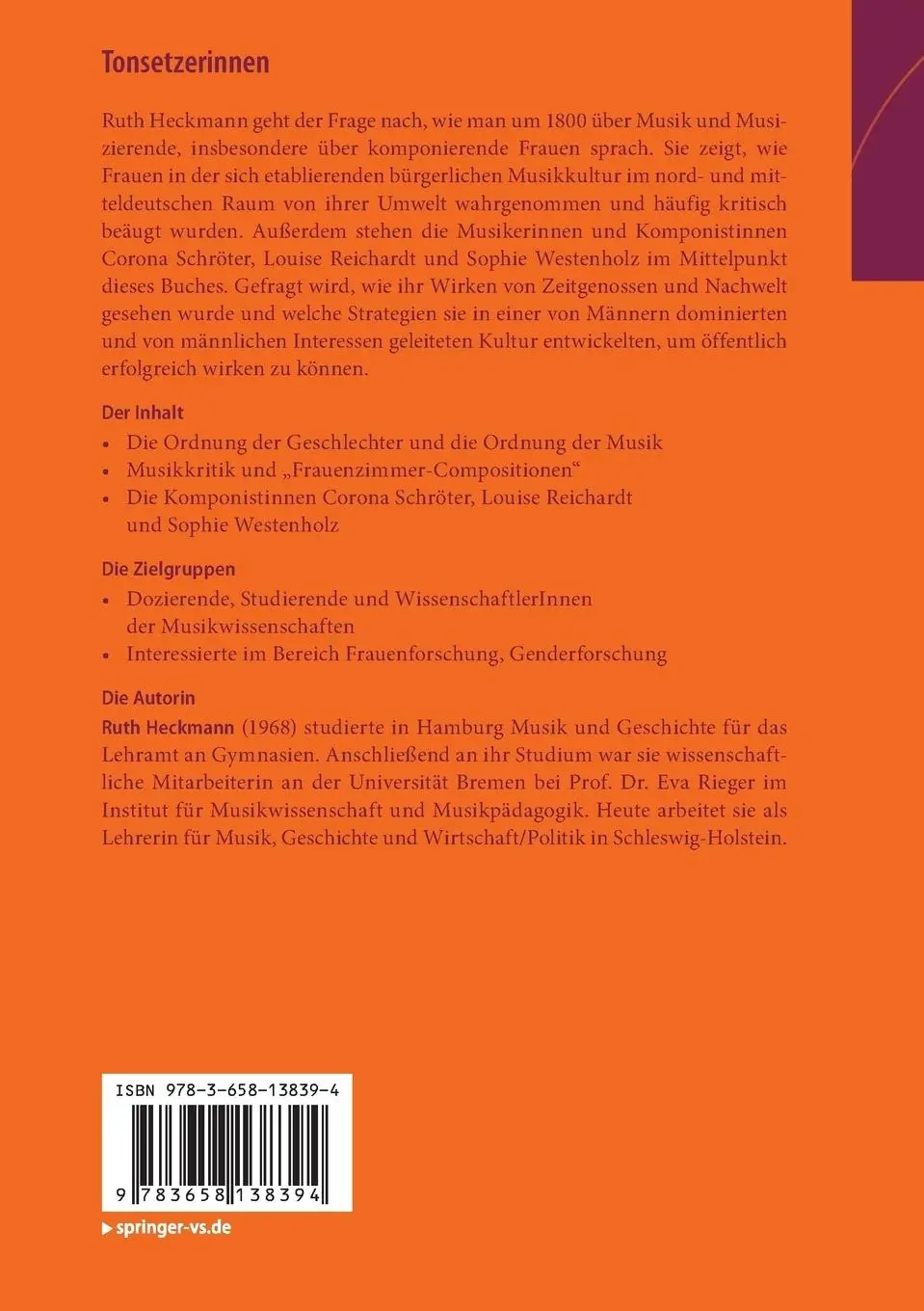 Rückseite: 9783658138394 | Tonsetzerinnen | Ruth Heckmann | Taschenbuch | viii | Deutsch | 2016