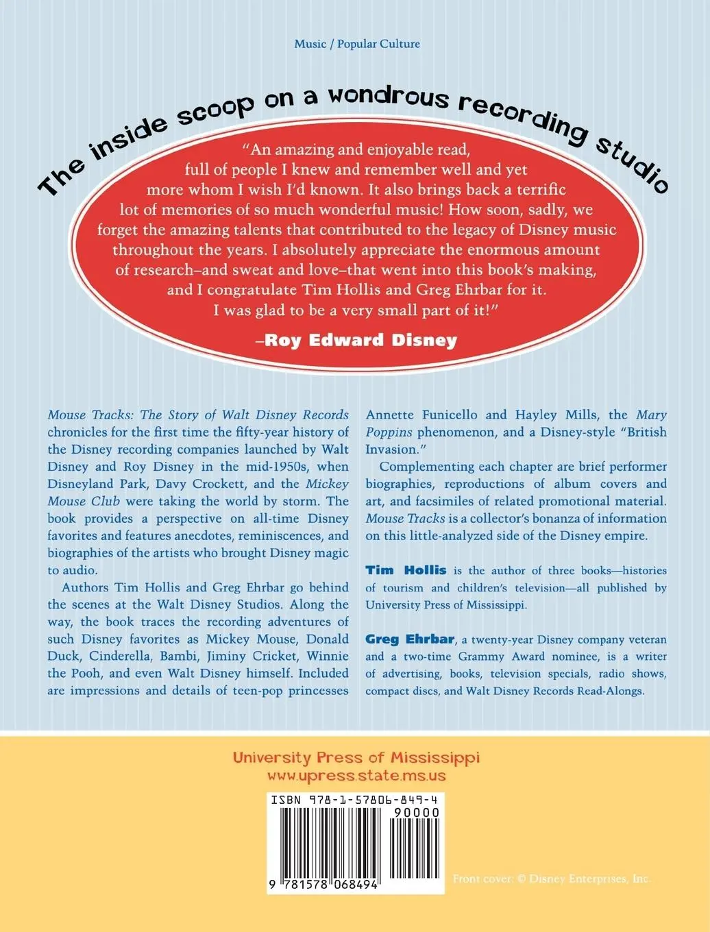 Rückseite: 9781578068494 | Mouse Tracks | The Story of Walt Disney Records | Tim Hollis (u. a.)