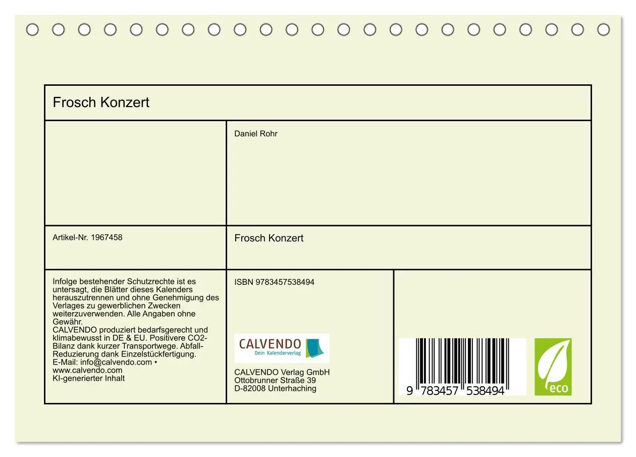 Bild: 9783457538494 | Frosch Konzert (Tischkalender 2026 DIN A5 quer), CALVENDO...
