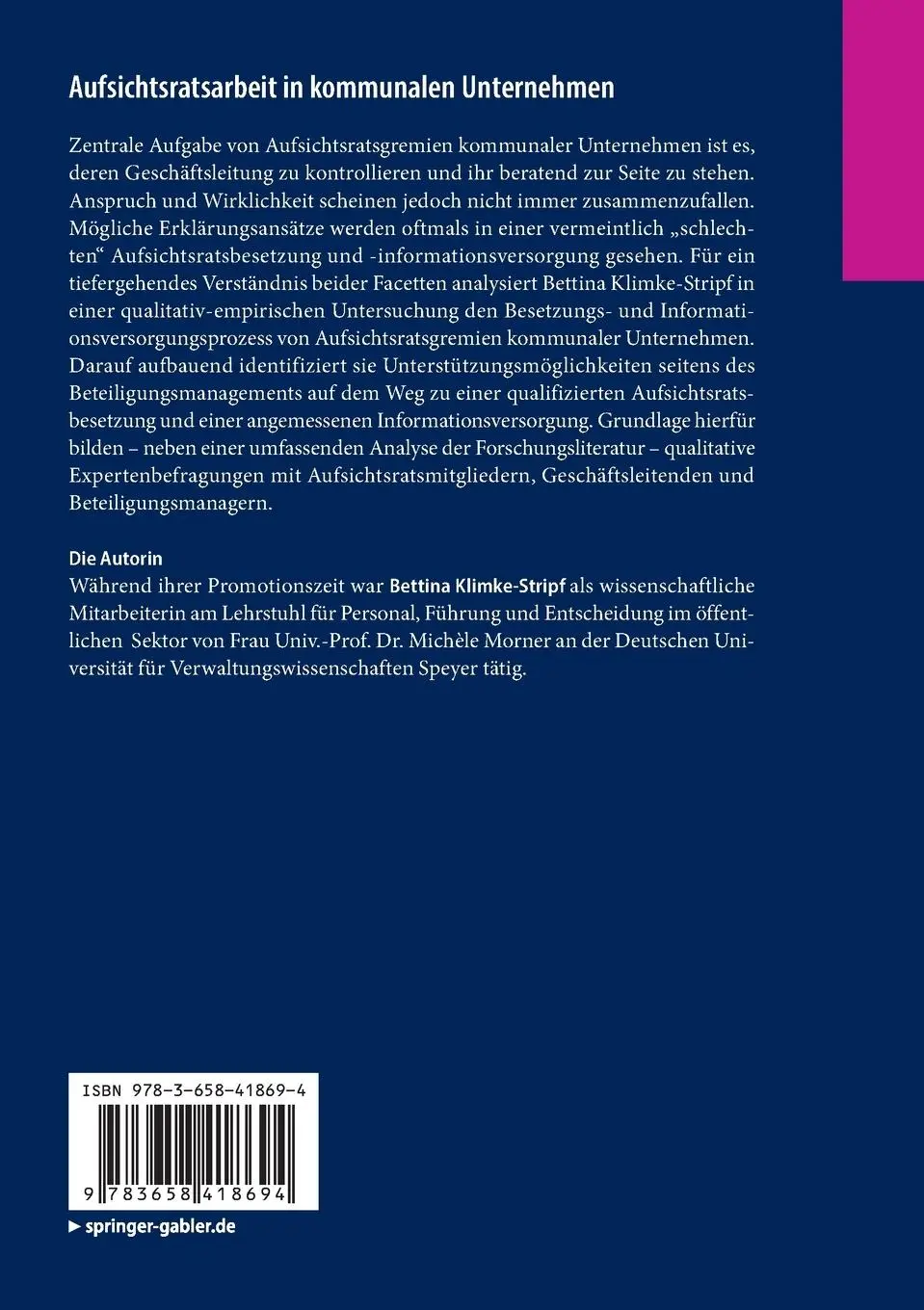 Rückseite: 9783658418694 | Aufsichtsratsarbeit in kommunalen Unternehmen | Bettina Klimke-Stripf