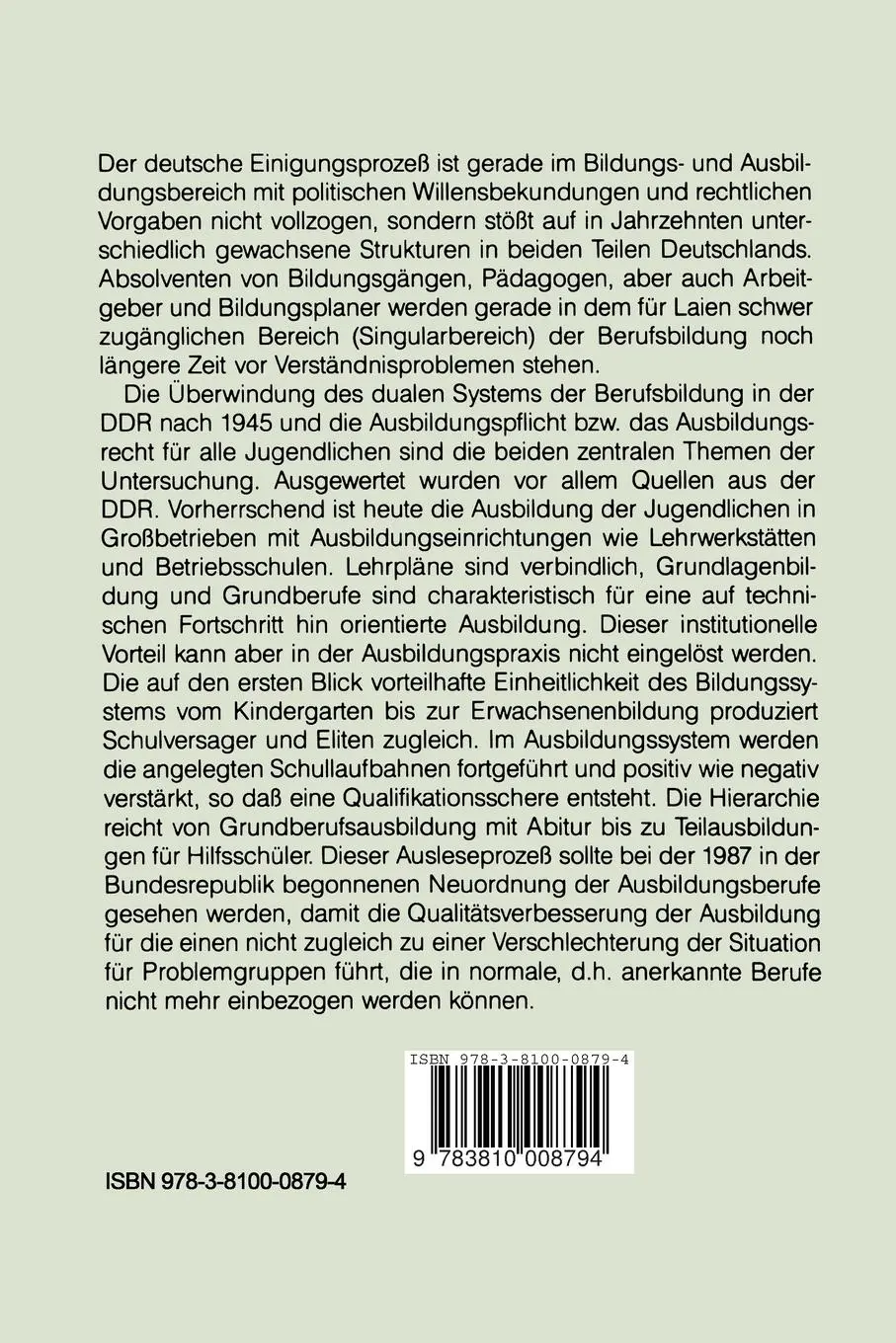 Rückseite: 9783810008794 | Berufsausbildung in der DDR | Zwischen Ausbildung und Auslese | Buch