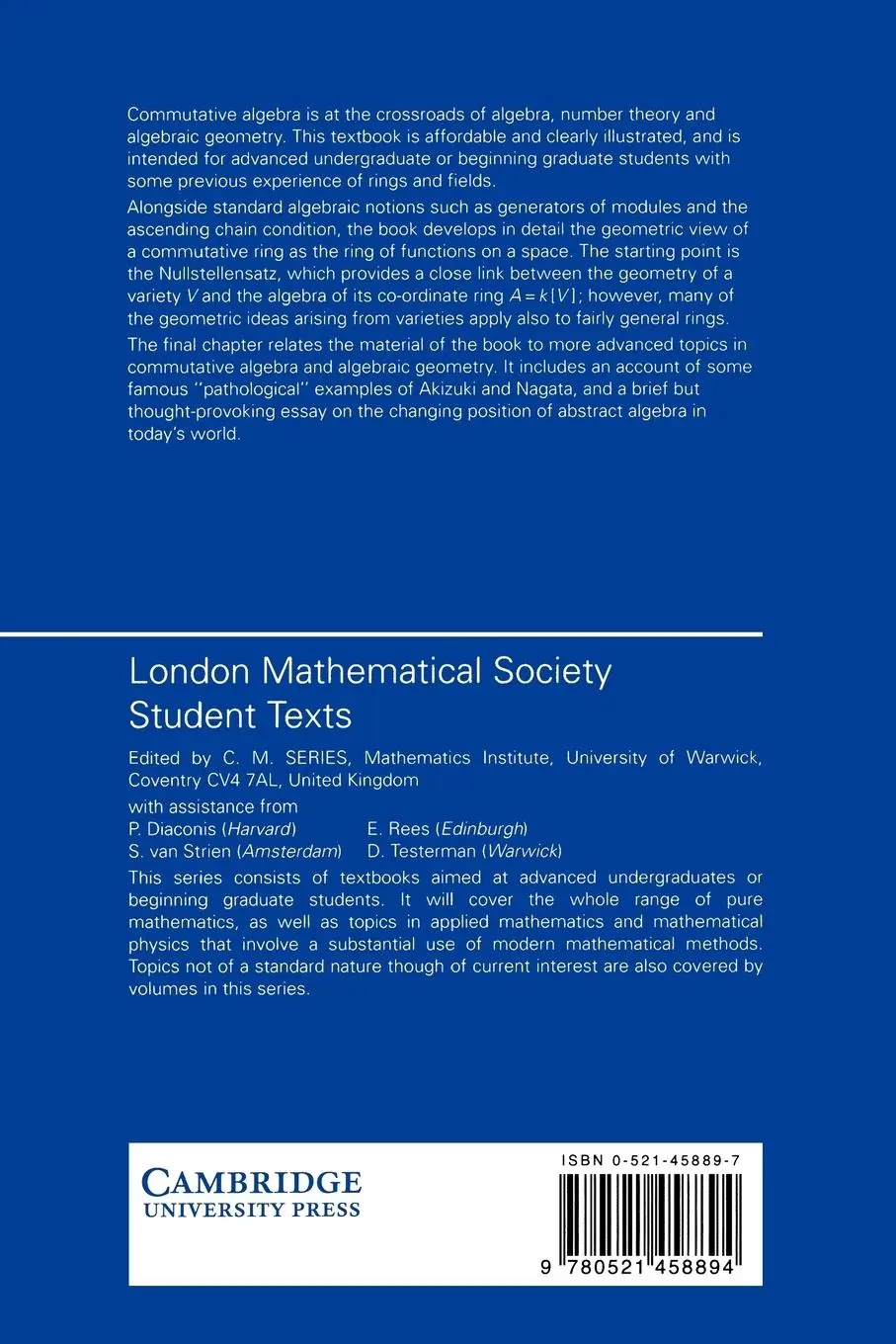 Rückseite: 9780521458894 | Undergraduate Commutative Algebra | Miles Reid (u. a.) | Taschenbuch
