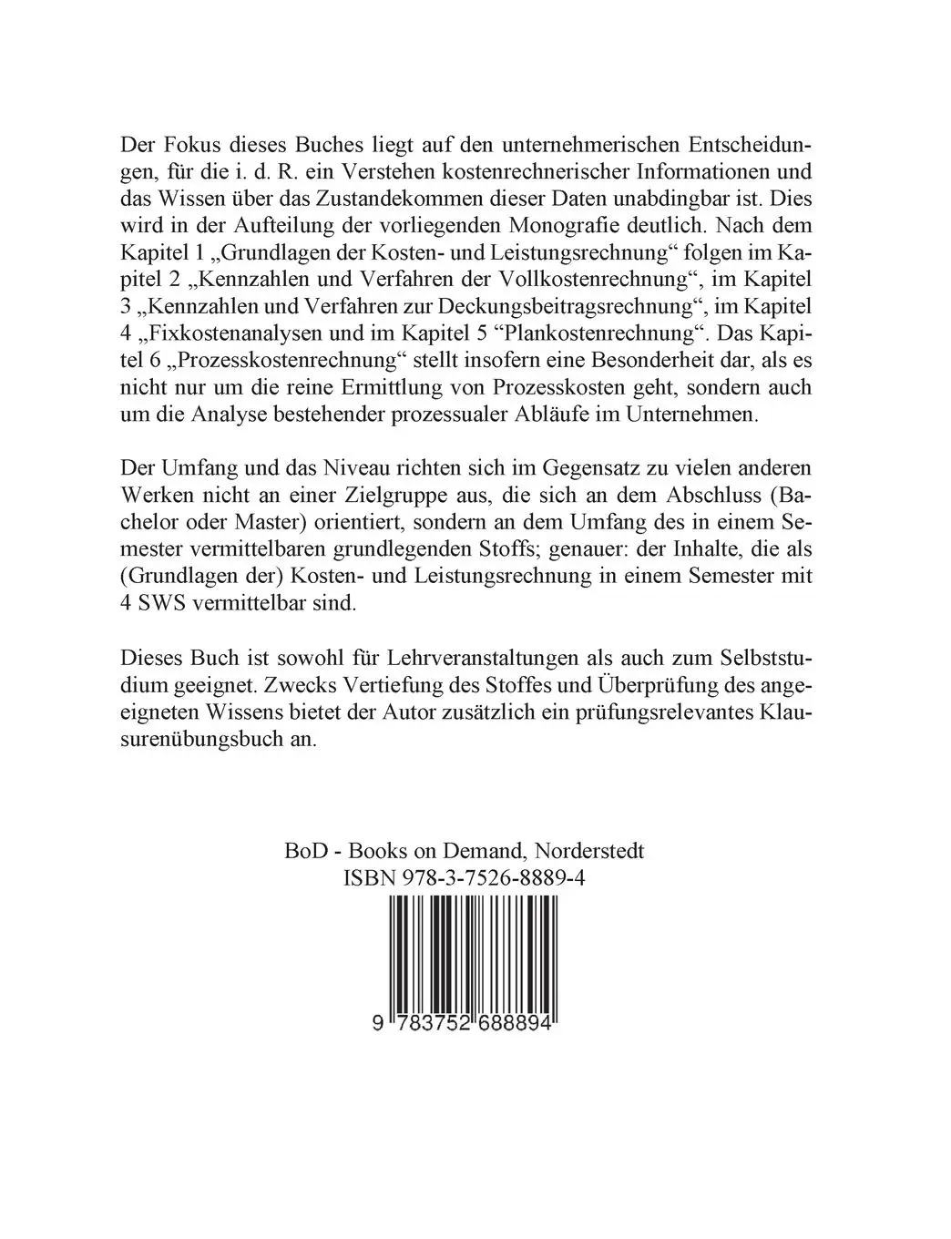 Rückseite: 9783752688894 | Kennzahlen und Verfahren der Kostenrechnung | Lehrbuch | Wördenweber